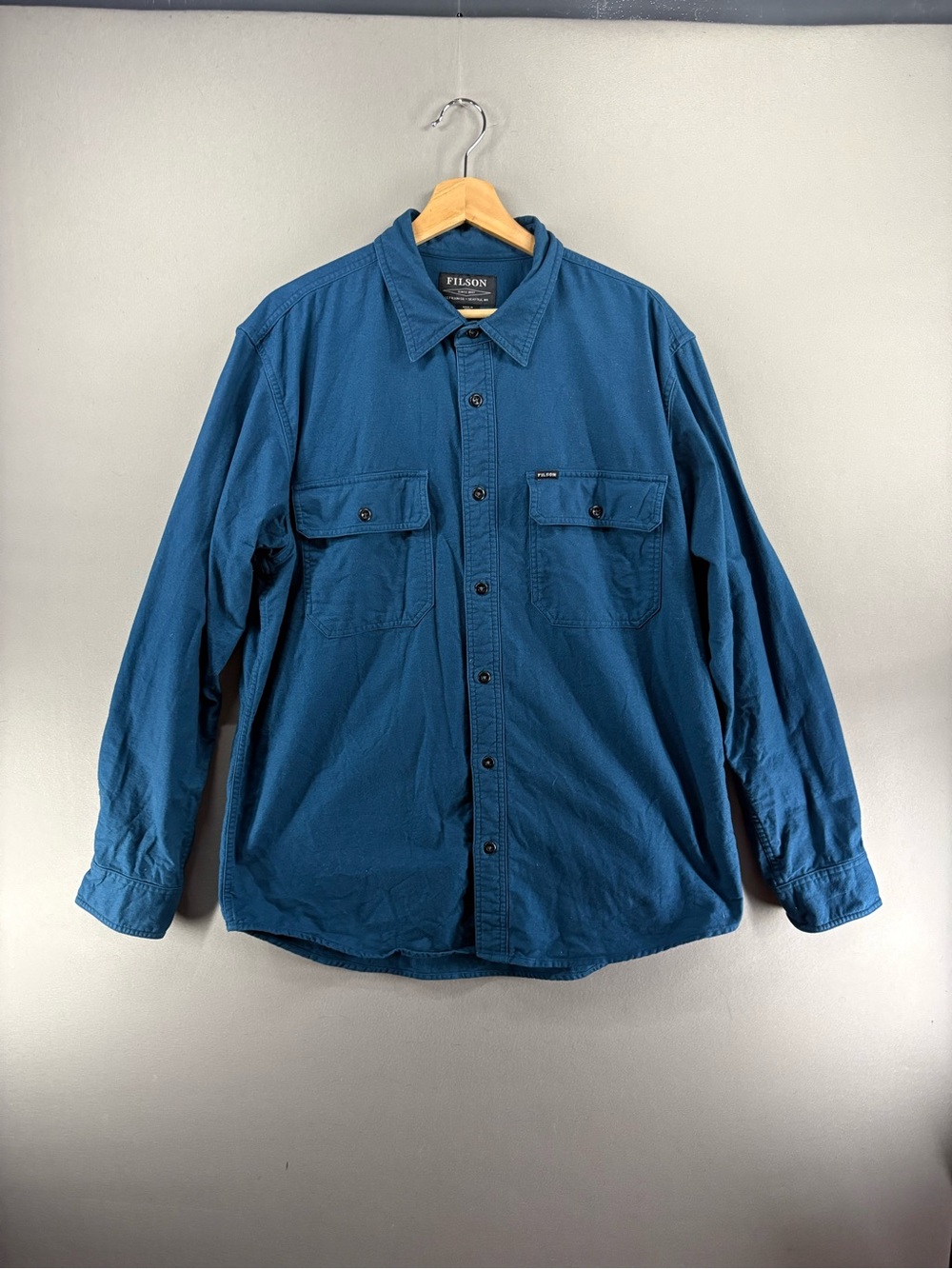 Filson Men Field Flannel Shirt Size Large Legion Blue Button